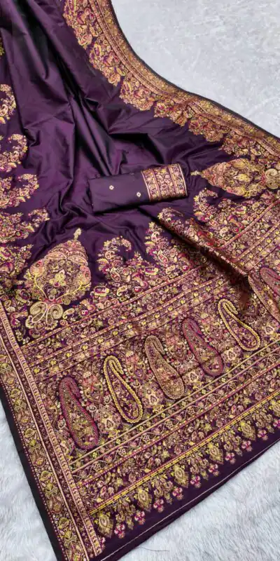 Wine Pashmina Silk Woven Motifs Saree | Sarees, Bollywood Sarees, Creative Sarees, Designer Sarees, Embroidered Sarees, Ethnic Saree, Modern Digital sarees, Party Wear Sarees