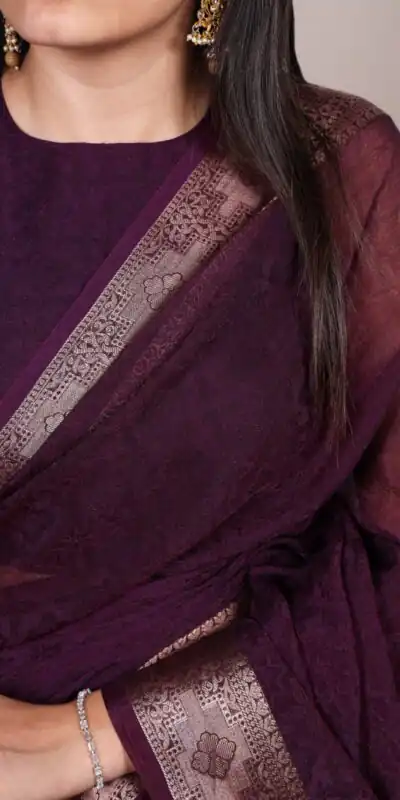 Wine Poly Shimmer With Zari Work Saree | Sarees, Bollywood Sarees, Creative Sarees, Designer Sarees, Embroidered Sarees, Ethnic Saree, Modern Digital sarees, Party Wear Sarees