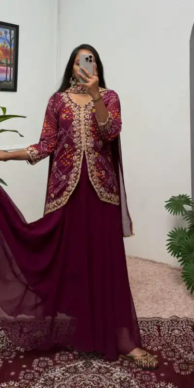 Wine Printed Faux Georgette Embroidery Work Salwar Suit | Jump Suits, Salwar suit, Casual Suits, Creative suits, Designer Suits, Palazzo Suits, Party Wear Suits, Patiala Suits, Straight Suits