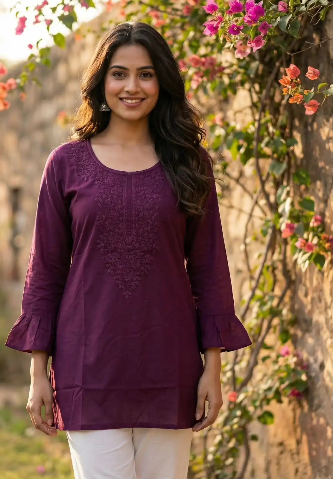 Wine Rayon Chikan Work Kurti | Kurti, Bollywood Kurti, Creative Kurtis, Designer Kurti, Party Wear Kurti, Selfie Kurti
