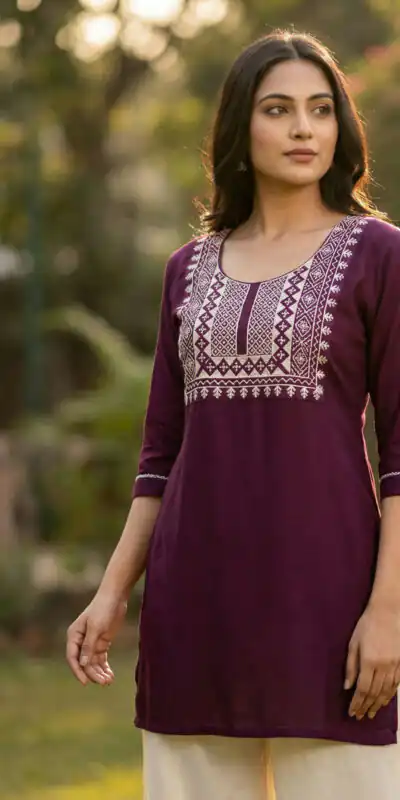 Wine Rayon Thread Work Kurti | Kurti, Bollywood Kurti, Creative Kurtis, Designer Kurti, Party Wear Kurti, Selfie Kurti
