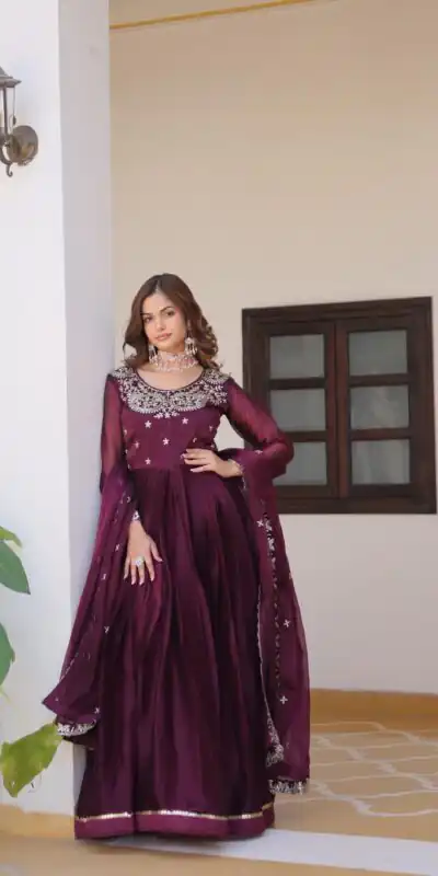 Wine Silk Sequence Work Gown | Gowns, Bollywood Gowns, Creative Gowns, Designer Gowns, Embroidered Gowns, Party Wear Gowns