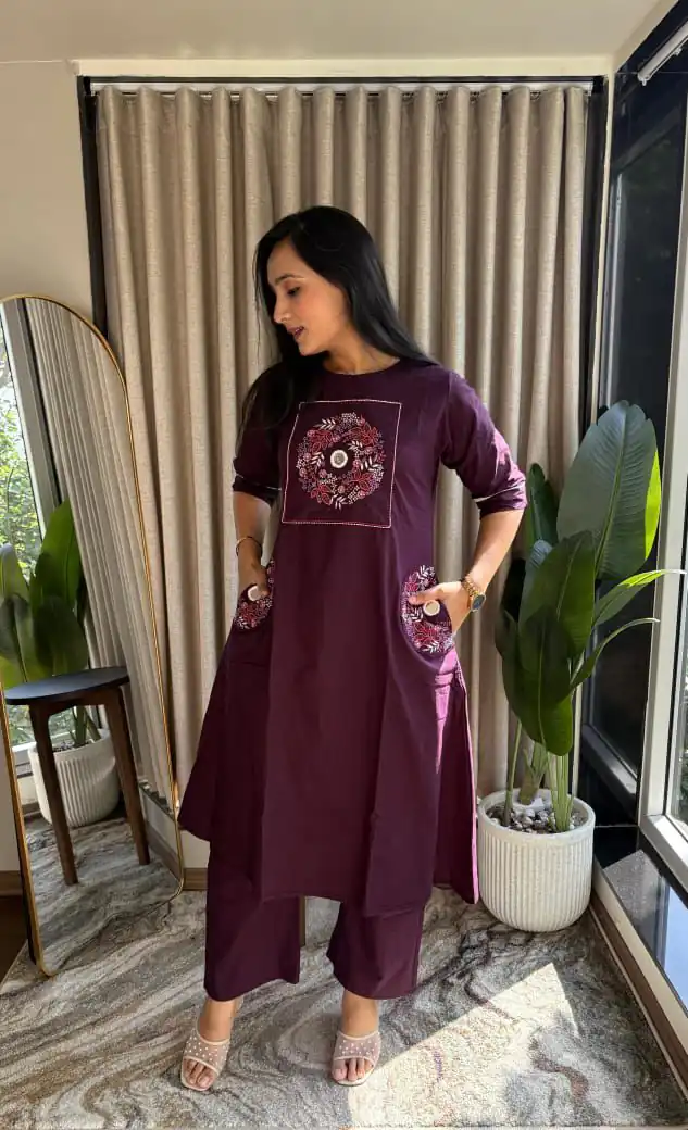 Wine Soft Cotton Slub Embroidery Work Kurti | Kurti, Bollywood Kurti, Creative Kurtis, Designer Kurti, Party Wear Kurti, Selfie Kurti
