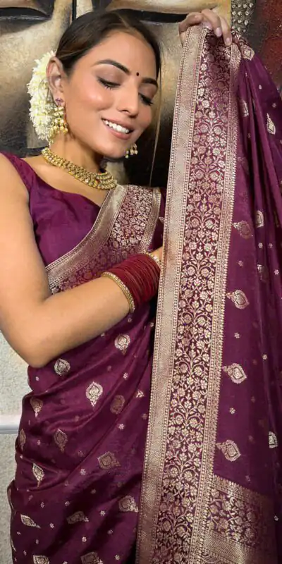 Wine Soft Lichi Silk Border Jacquard Work Saree | Sarees, Bollywood Sarees, Creative Sarees, Designer Sarees, Embroidered Sarees, Ethnic Saree, Modern Digital sarees, Party Wear Sarees