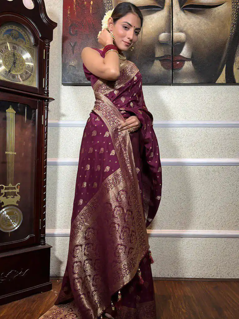 Wine Soft Lichi Silk Border Jacquard Work Saree | Sarees, Bollywood Sarees, Creative Sarees, Designer Sarees, Embroidered Sarees, Ethnic Saree, Modern Digital sarees, Party Wear Sarees