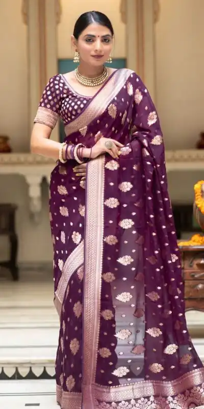 Wine Soft Lichi Silk Jacquard Work Saree | Sarees, Bollywood Sarees, Creative Sarees, Designer Sarees, Embroidered Sarees, Ethnic Saree, Modern Digital sarees, Party Wear Sarees