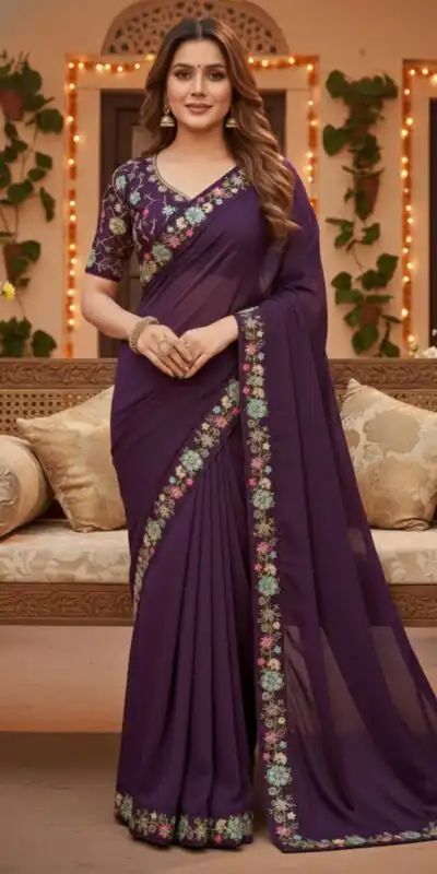 Wine Star Georgette Lace Embroidery Work Saree | Sarees, Bollywood Sarees, Creative Sarees, Designer Sarees, Embroidered Sarees, Ethnic Saree, Modern Digital sarees, Party Wear Sarees