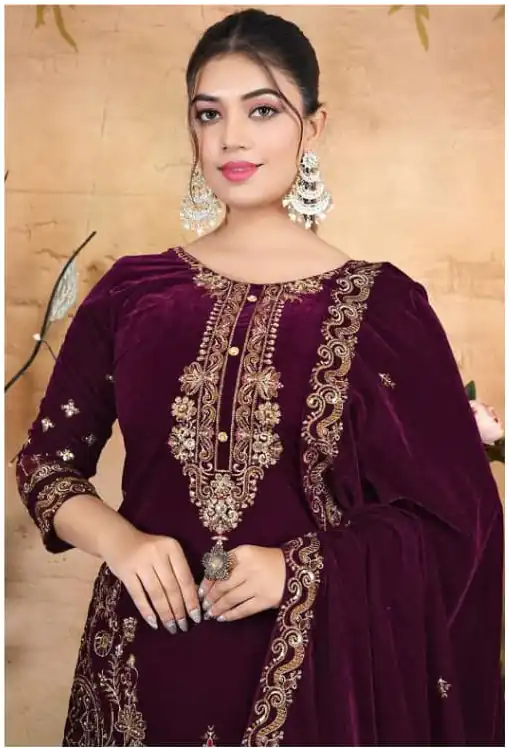 Wine Velvet Embroidery Lace Work Salwar Suit | Jump Suits, Salwar suit, Casual Suits, Creative suits, Designer Suits, Palazzo Suits, Party Wear Suits, Patiala Suits, Straight Suits