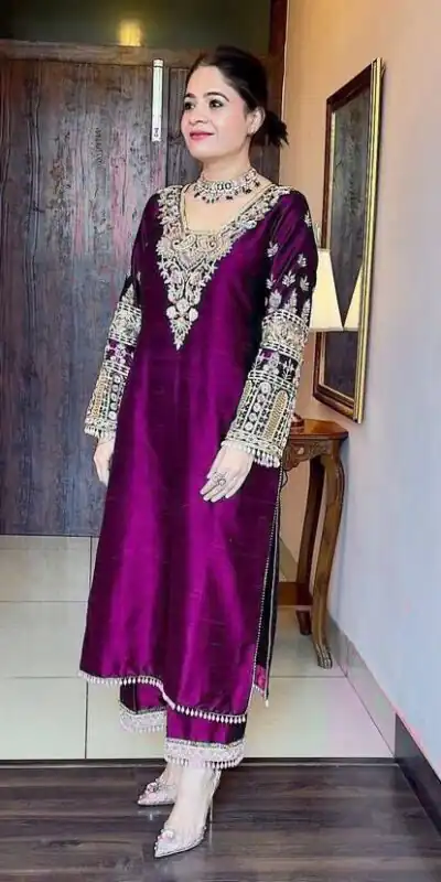 Wine Vichitra Silk Cowrie Embroidery Work Salwar Suit | Jump Suits, Salwar suit, Casual Suits, Creative suits, Designer Suits, Palazzo Suits, Party Wear Suits, Patiala Suits, Straight Suits