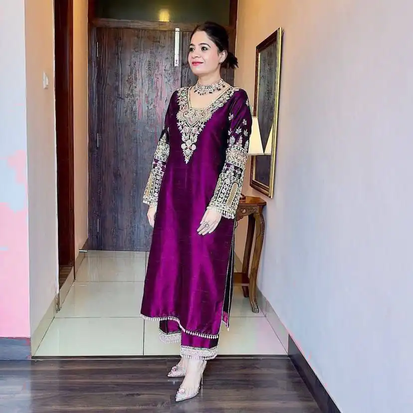 Wine Vichitra Silk Cowrie Embroidery Work Salwar Suit | Jump Suits, Salwar suit, Casual Suits, Creative suits, Designer Suits, Palazzo Suits, Party Wear Suits, Patiala Suits, Straight Suits