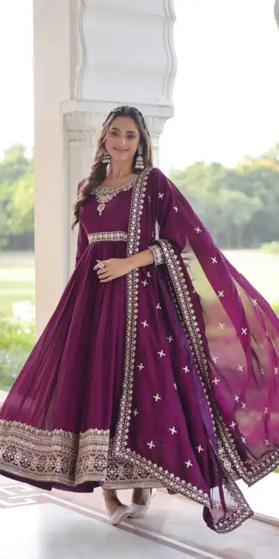 Wine Vichitra Silk Embroidery Sequins Work Gown | Gowns, Bollywood Gowns, Creative Gowns, Designer Gowns, Embroidered Gowns, Party Wear Gowns