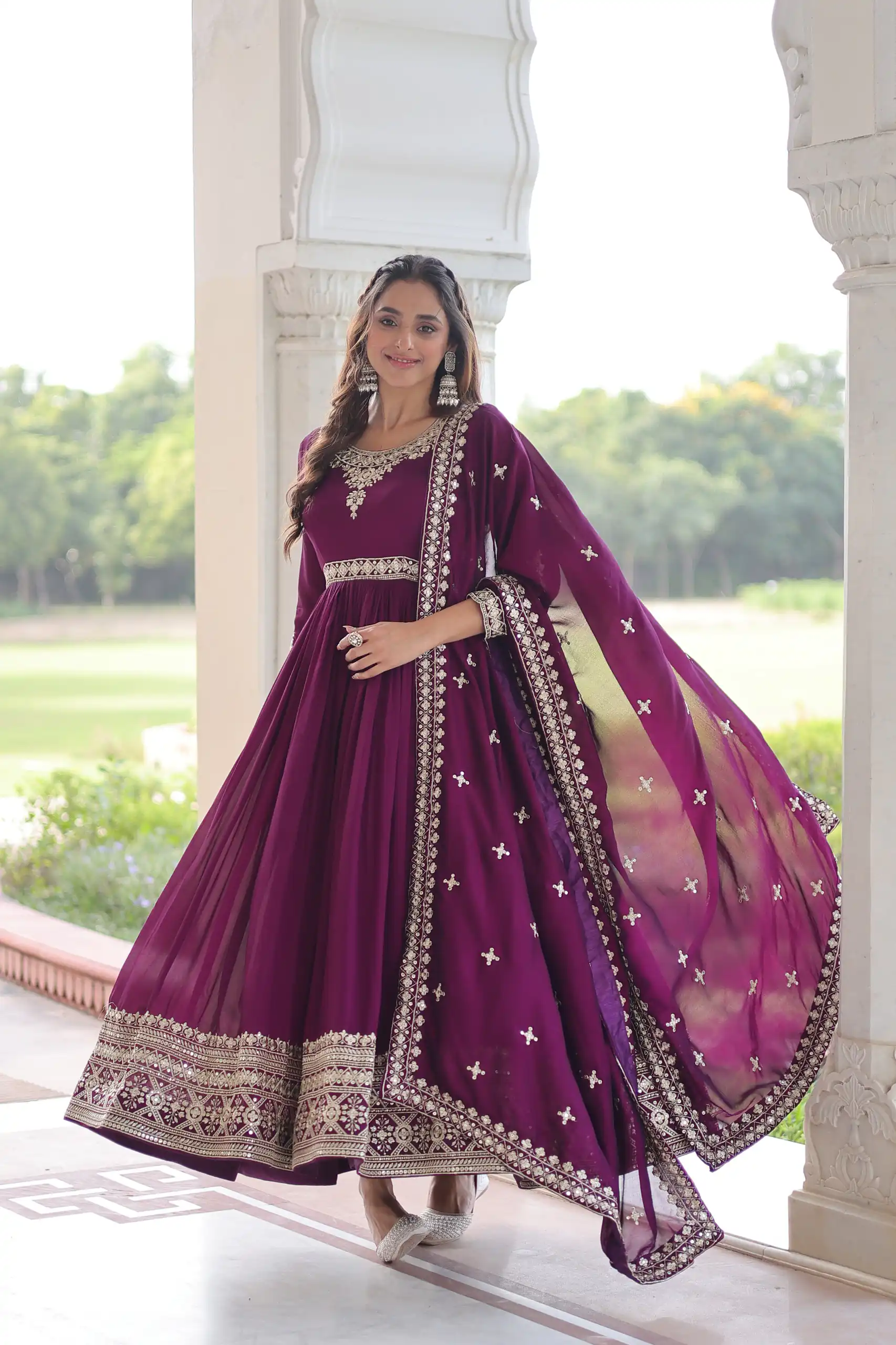 Wine Vichitra Silk Embroidery Sequins Work Gown | Gowns, Bollywood Gowns, Creative Gowns, Designer Gowns, Embroidered Gowns, Party Wear Gowns