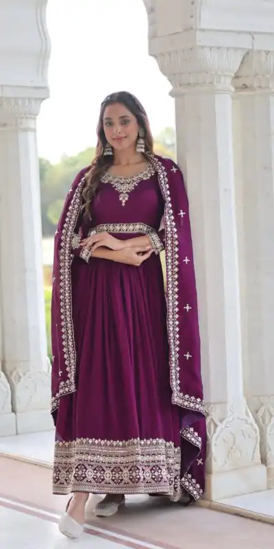 Wine Vichitra Silk Embroidery Sequins Work Gown | Gowns, Bollywood Gowns, Creative Gowns, Designer Gowns, Embroidered Gowns, Party Wear Gowns