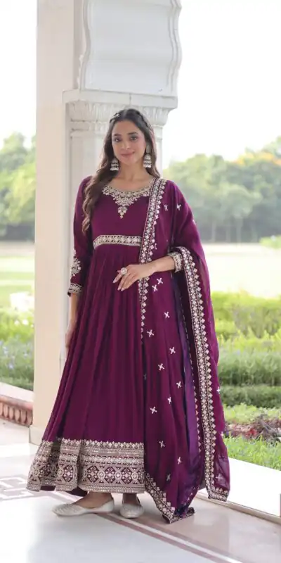 Wine Vichitra Silk Embroidery Sequins Work Gown | Gowns, Bollywood Gowns, Creative Gowns, Designer Gowns, Embroidered Gowns, Party Wear Gowns
