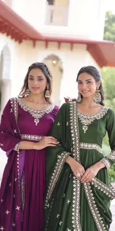 Wine Vichitra Silk Embroidery Sequins Work Gown | Gowns, Bollywood Gowns, Creative Gowns, Designer Gowns, Embroidered Gowns, Party Wear Gowns