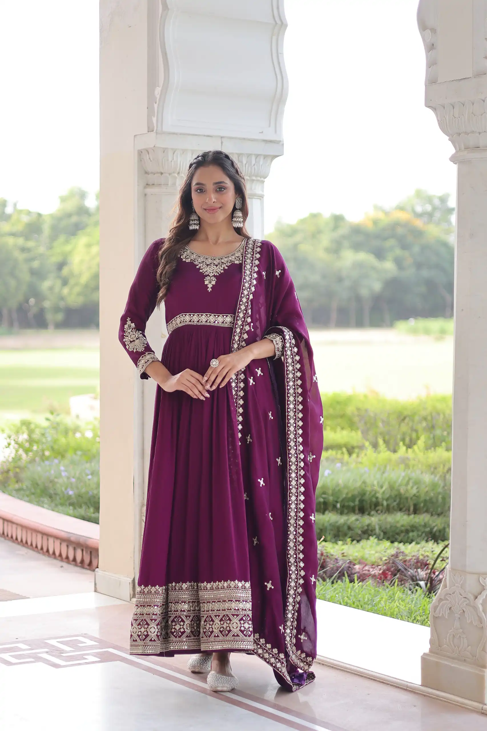 Wine Vichitra Silk Embroidery Sequins Work Gown | Gowns, Bollywood Gowns, Creative Gowns, Designer Gowns, Embroidered Gowns, Party Wear Gowns