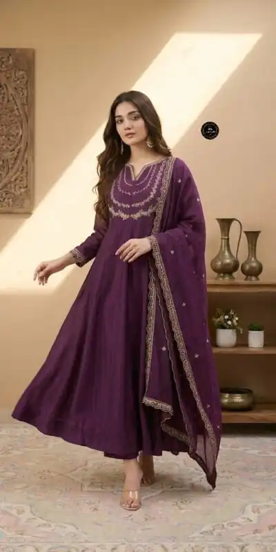 Wine Vichitra Silk Sequence Work Gown | Gowns, Bollywood Gowns, Creative Gowns, Designer Gowns, Embroidered Gowns, Party Wear Gowns