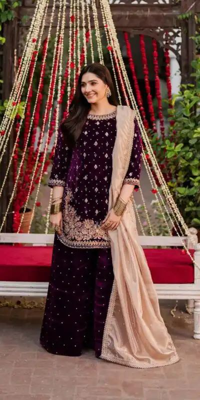 Wine Viscose Velvet Thread Sequence Work Salwar Suit | Jump Suits, Tops & Bottoms, Track Suits, Salwar suit, Casual Suits, Creative suits, Designer Suits, Palazzo Suits, Party Wear Suits, Patiala Suits, Straight Suits, Trendy Wear