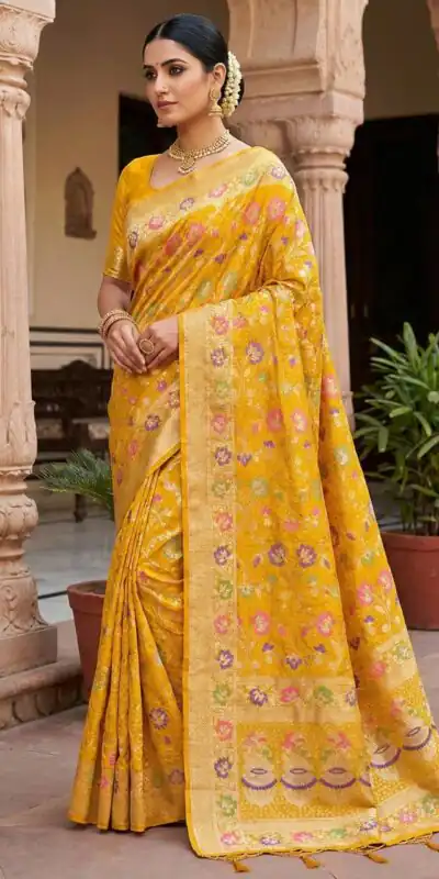Yellow Banarasi Silk Zari Work All Over Saree | Sarees, Bollywood Sarees, Creative Sarees, Designer Sarees, Embroidered Sarees, Ethnic Saree, Modern Digital sarees, Party Wear Sarees