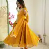 Yellow Blooming Faux Embroidery Work Gown | Gowns, Bollywood Gowns, Creative Gowns, Designer Gowns, Embroidered Gowns, Party Wear Gowns