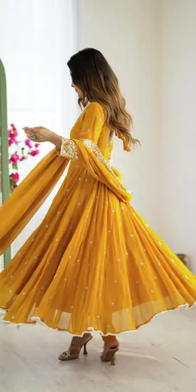Yellow Blooming Faux Embroidery Work Gown | Gowns, Bollywood Gowns, Creative Gowns, Designer Gowns, Embroidered Gowns, Party Wear Gowns