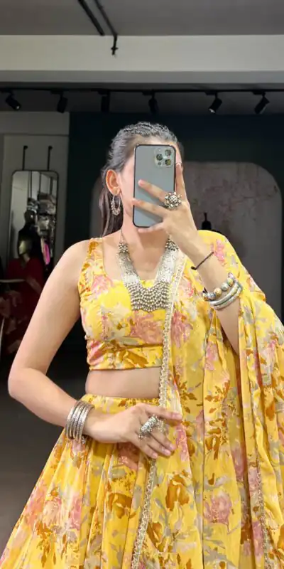 Yellow Chiffon Embossed Lehenga Choli | Lehenga, Bollywood Lehenga, Creative Lehenga, Designer Lehenga, Embroidered Lehenga, Party Wear Lehenga