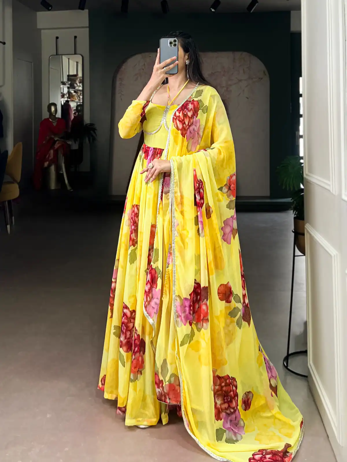 Yellow Chiffon Floral Print Lace Work Gown | Gowns, Bollywood Gowns, Creative Gowns, Designer Gowns, Embroidered Gowns, Party Wear Gowns