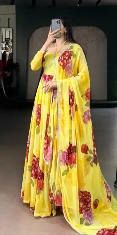 Yellow Chiffon Floral Print Lace Work Gown | Gowns, Bollywood Gowns, Creative Gowns, Designer Gowns, Embroidered Gowns, Party Wear Gowns