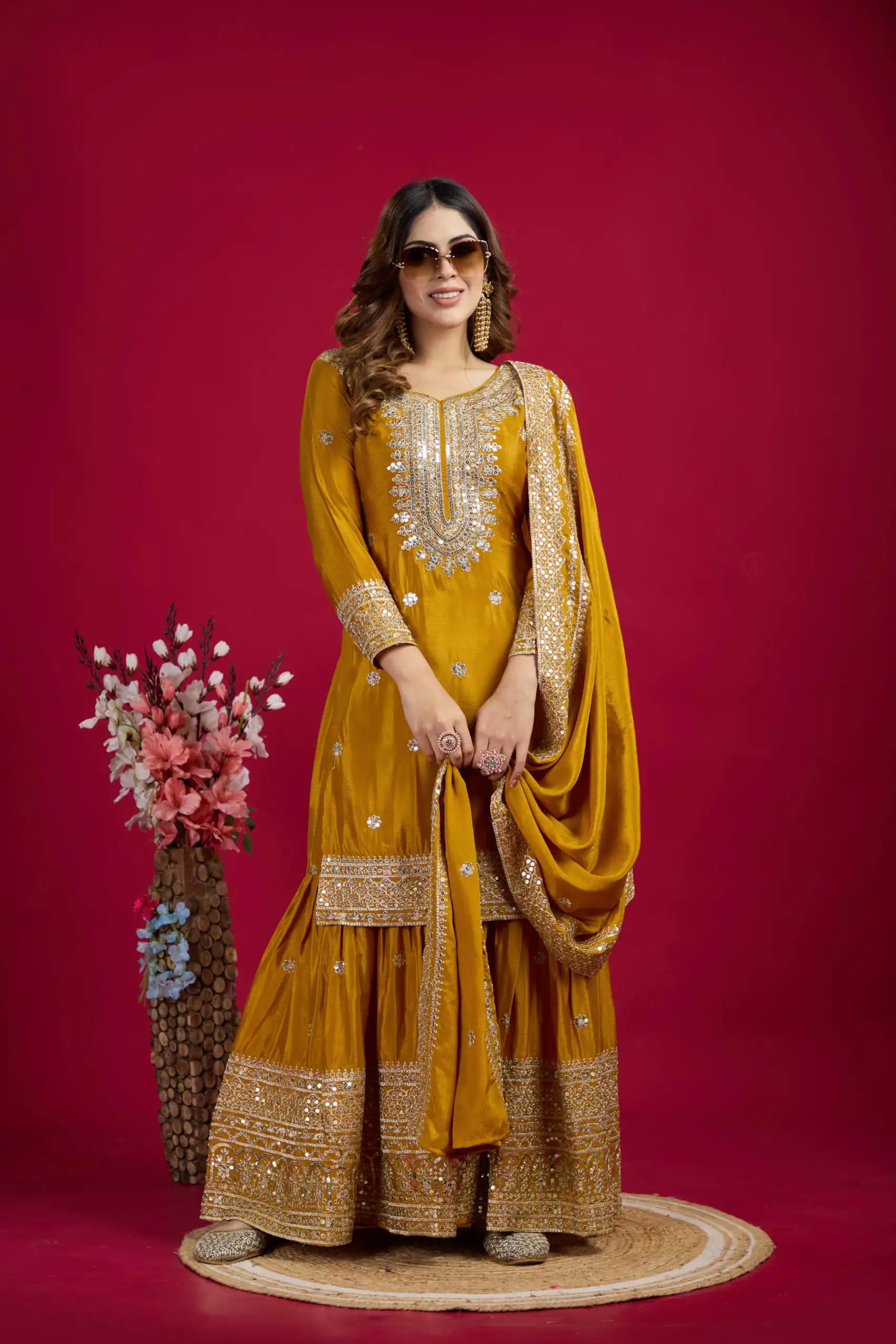 Yellow Chinnon Silk With Embroidery Work Sharara Suit | Jump Suits, Salwar suit, Casual Suits, Creative suits, Designer Suits, Palazzo Suits, Party Wear Suits, Patiala Suits, Straight Suits