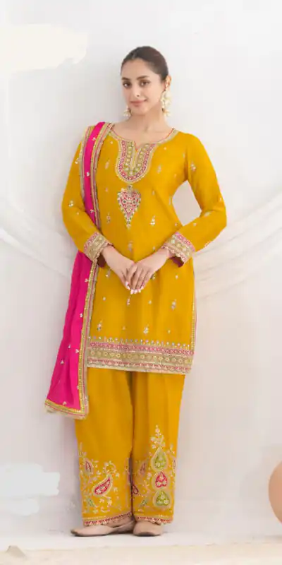 Yellow Chinon Embroidery Mirror Work Salwar Suit | Jump Suits, Tops & Bottoms, Track Suits, Salwar suit, Casual Suits, Creative suits, Designer Suits, Palazzo Suits, Party Wear Suits, Patiala Suits, Straight Suits, Trendy Wear