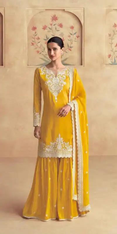 Yellow Chinon Embroidery Work Salwar Suit | Jump Suits, Tops & Bottoms, Track Suits, Salwar suit, Casual Suits, Creative suits, Designer Suits, Palazzo Suits, Party Wear Suits, Patiala Suits, Straight Suits, Trendy Wear