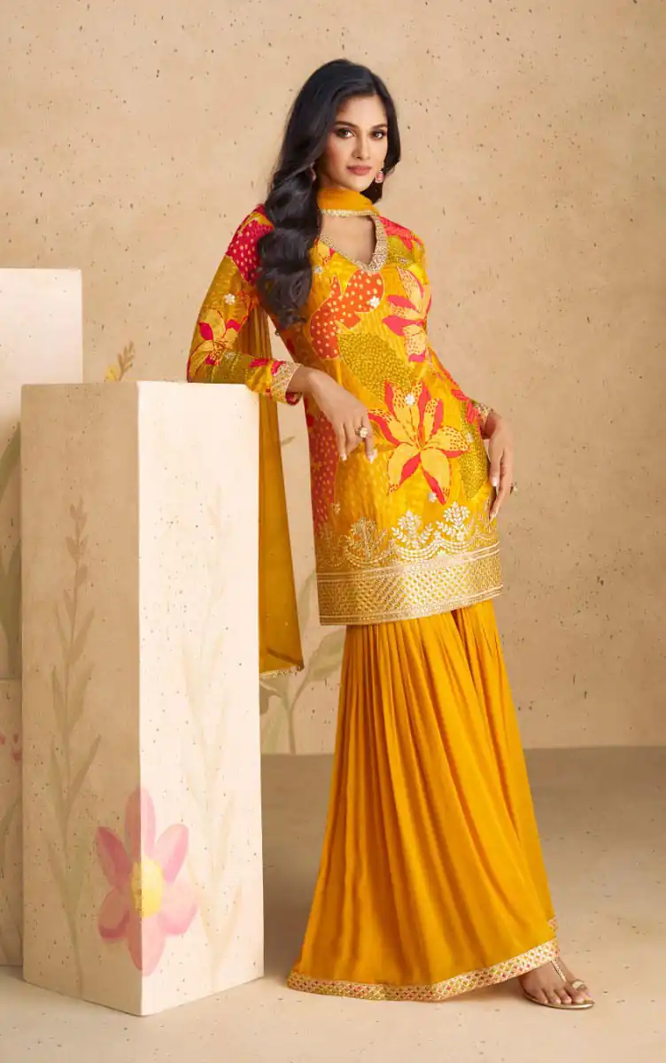 Yellow Chinon Printed Embroidery Work Sharara Suit | Jump Suits, Salwar suit, Casual Suits, Creative suits, Designer Suits, Palazzo Suits, Party Wear Suits, Patiala Suits, Straight Suits