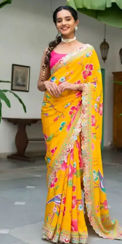Yellow Chinon Printed Multied Embroidery Coding Sequins Lace Saree | Sarees, Bollywood Sarees, Creative Sarees, Designer Sarees, Embroidered Sarees, Ethnic Saree, Modern Digital sarees, Party Wear Sarees
