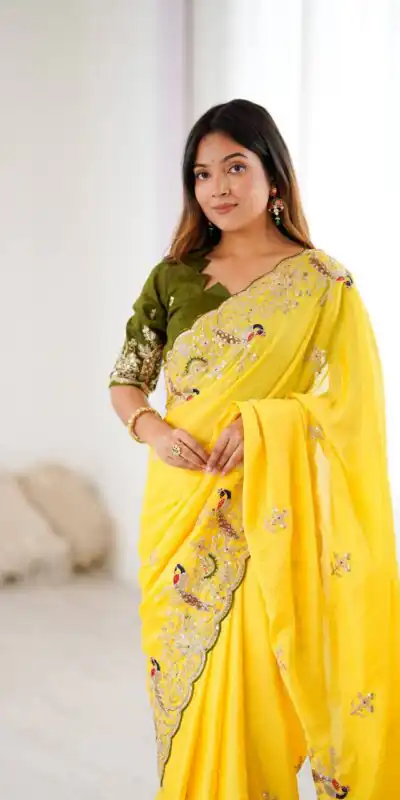 Yellow Chinon Silk Embroidery Sequins Work Saree | Sarees, Bollywood Sarees, Creative Sarees, Designer Sarees, Embroidered Sarees, Ethnic Saree, Modern Digital sarees, Party Wear Sarees