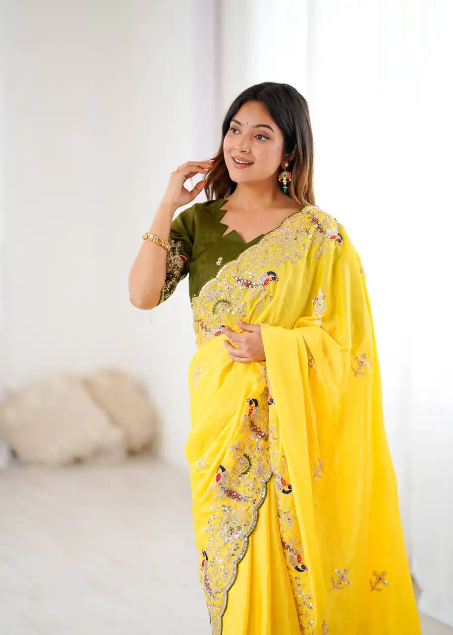 Yellow Chinon Silk Embroidery Sequins Work Saree | Sarees, Bollywood Sarees, Creative Sarees, Designer Sarees, Embroidered Sarees, Ethnic Saree, Modern Digital sarees, Party Wear Sarees