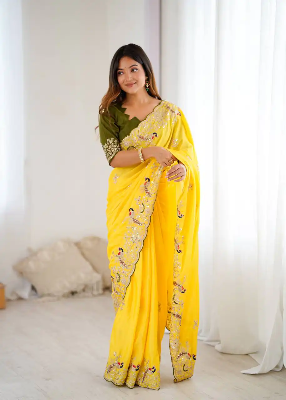 Yellow Chinon Silk Embroidery Sequins Work Saree | Sarees, Bollywood Sarees, Creative Sarees, Designer Sarees, Embroidered Sarees, Ethnic Saree, Modern Digital sarees, Party Wear Sarees