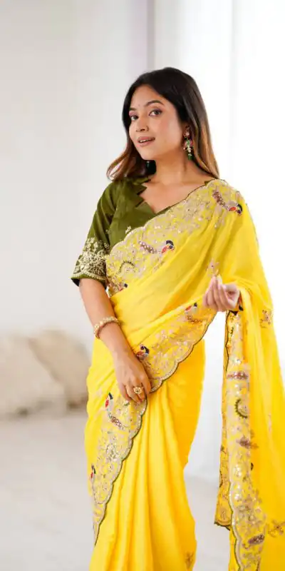 Yellow Chinon Silk Embroidery Sequins Work Saree | Sarees, Bollywood Sarees, Creative Sarees, Designer Sarees, Embroidered Sarees, Ethnic Saree, Modern Digital sarees, Party Wear Sarees