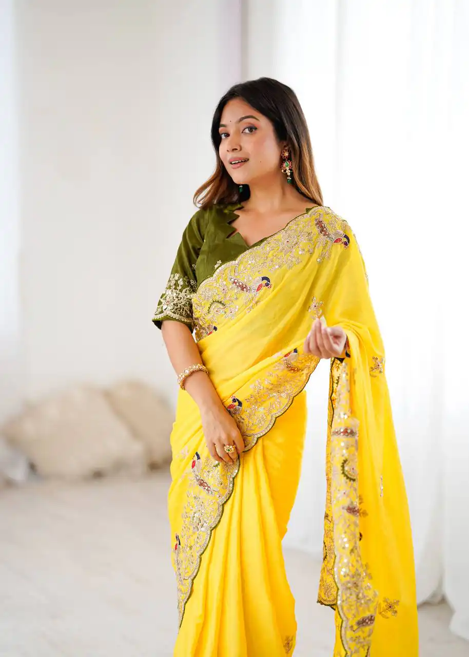 Yellow Chinon Silk Embroidery Sequins Work Saree | Sarees, Bollywood Sarees, Creative Sarees, Designer Sarees, Embroidered Sarees, Ethnic Saree, Modern Digital sarees, Party Wear Sarees