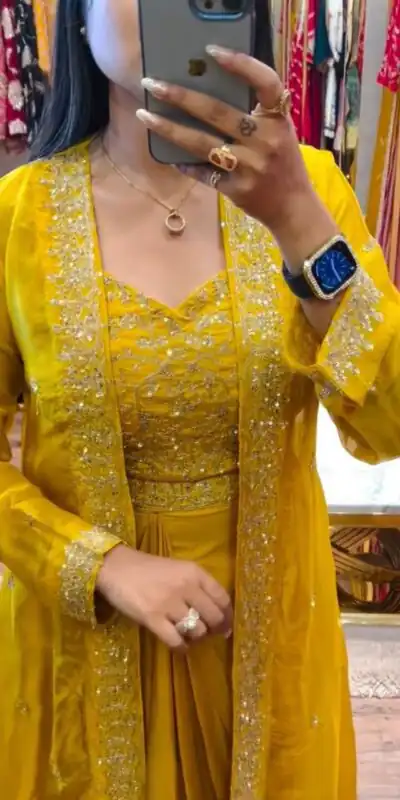 Yellow Chinon Silk With Embroidery Work Dhoti Suit | Jump Suits, Salwar suit, Casual Suits, Creative suits, Designer Suits, Palazzo Suits, Party Wear Suits, Patiala Suits, Straight Suits