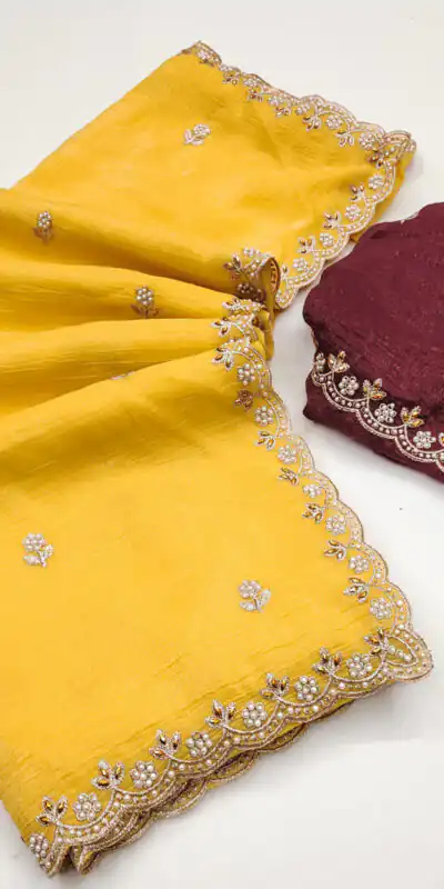 Yellow Crunchy Chiffon Embroidery Work Saree | Sarees, Bollywood Sarees, Creative Sarees, Designer Sarees, Embroidered Sarees, Ethnic Saree, Modern Digital sarees, Party Wear Sarees