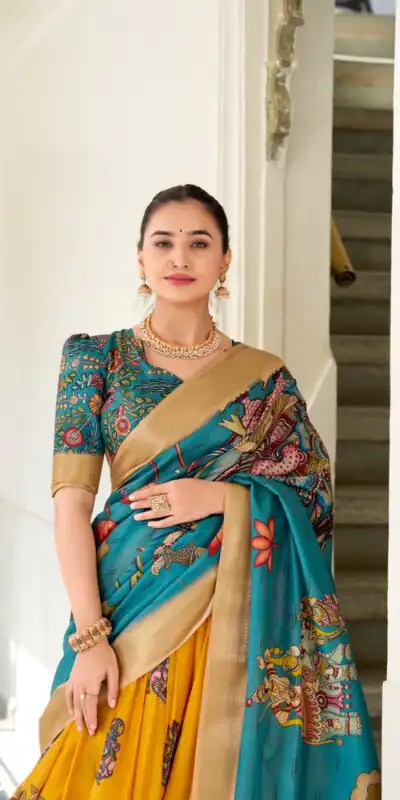 Yellow Dola Silk Lace Work Kalamkari Print Lehenga Choli | Lehenga, Bollywood Lehenga, Creative Lehenga, Designer Lehenga, Embroidered Lehenga, Party Wear Lehenga