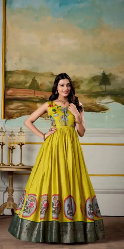 Yellow Dola Silk Print Weaving Broder Gown | Gowns, Bollywood Gowns, Creative Gowns, Designer Gowns, Embroidered Gowns, Party Wear Gowns