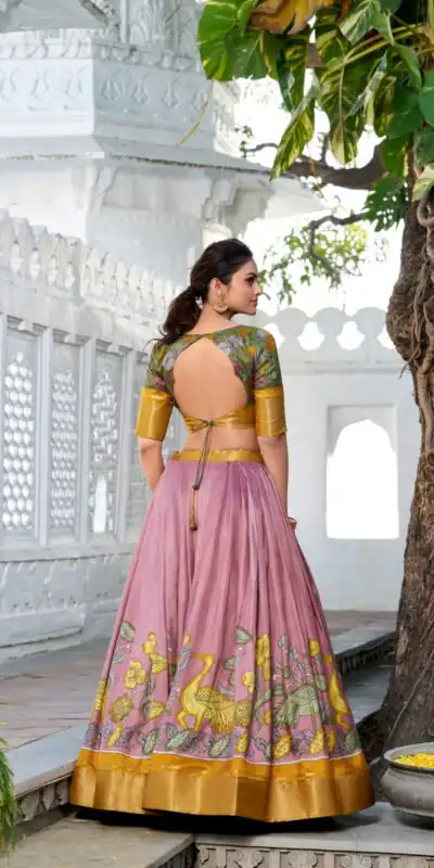 Yellow Dola Silk Print Zari Border Lehenga Choli | Lehenga, Bollywood Lehenga, Creative Lehenga, Designer Lehenga, Embroidered Lehenga, Party Wear Lehenga