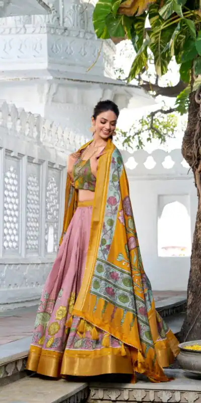 Yellow Dola Silk Print Zari Border Lehenga Choli | Lehenga, Bollywood Lehenga, Creative Lehenga, Designer Lehenga, Embroidered Lehenga, Party Wear Lehenga