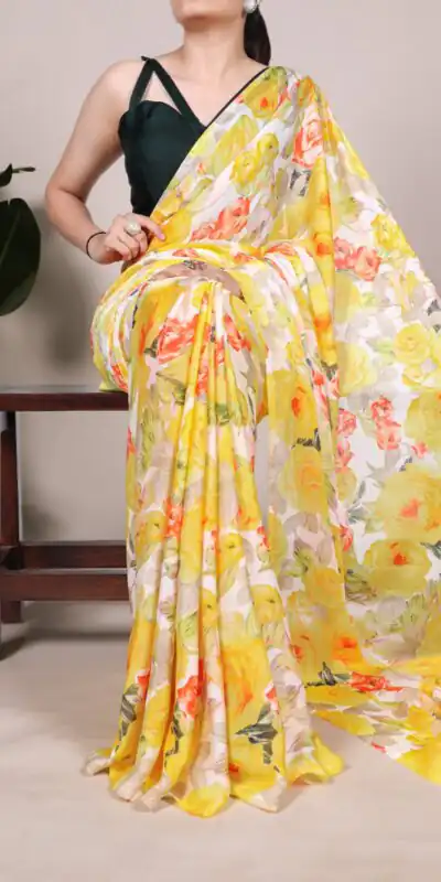 Yellow Dull Satin Printed Saree | Sarees, Bollywood Sarees, Creative Sarees, Designer Sarees, Embroidered Sarees, Ethnic Saree, Modern Digital sarees, Party Wear Sarees