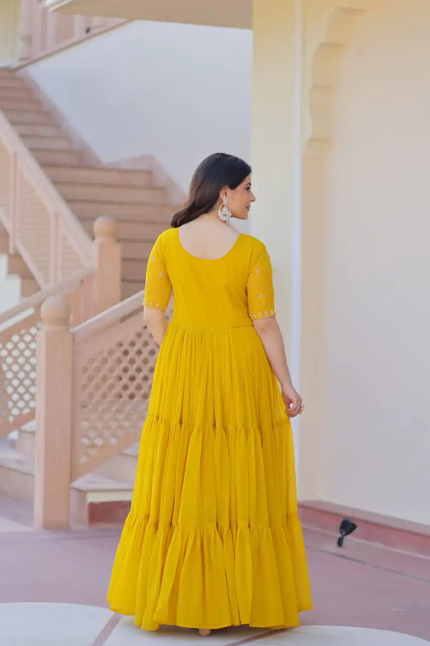 Yellow Faux Blooming Embroidery Bead Work Gown | Gowns, Bollywood Gowns, Creative Gowns, Designer Gowns, Embroidered Gowns, Party Wear Gowns