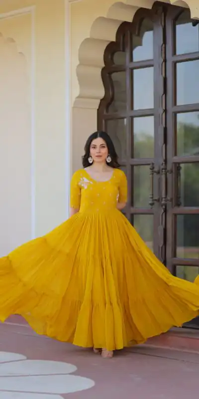 Yellow Faux Blooming Embroidery Bead Work Gown | Gowns, Bollywood Gowns, Creative Gowns, Designer Gowns, Embroidered Gowns, Party Wear Gowns