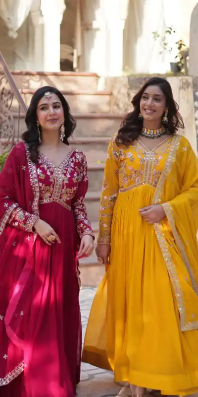 Yellow Faux Blooming Embroidery Zari Work Gown | Gowns, Bollywood Gowns, Creative Gowns, Designer Gowns, Embroidered Gowns, Party Wear Gowns