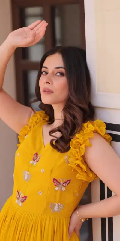Yellow Faux Blooming Sequins Work Gown | Gowns, Bollywood Gowns, Creative Gowns, Designer Gowns, Embroidered Gowns, Party Wear Gowns