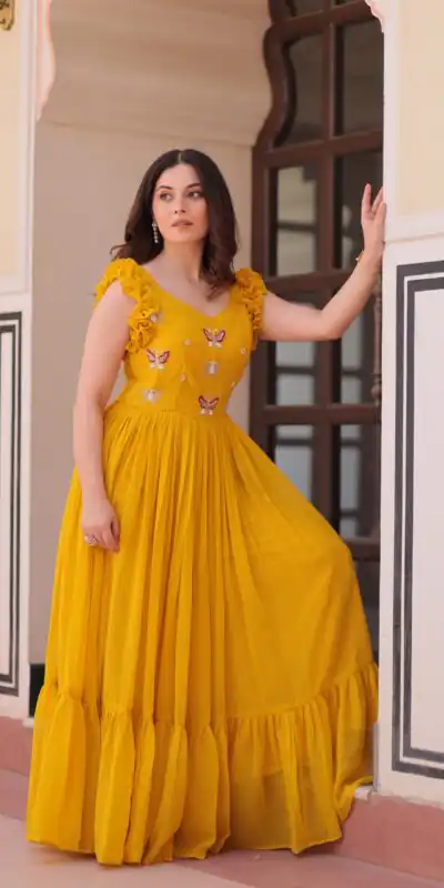 Yellow Faux Blooming Sequins Work Gown | Gowns, Bollywood Gowns, Creative Gowns, Designer Gowns, Embroidered Gowns, Party Wear Gowns